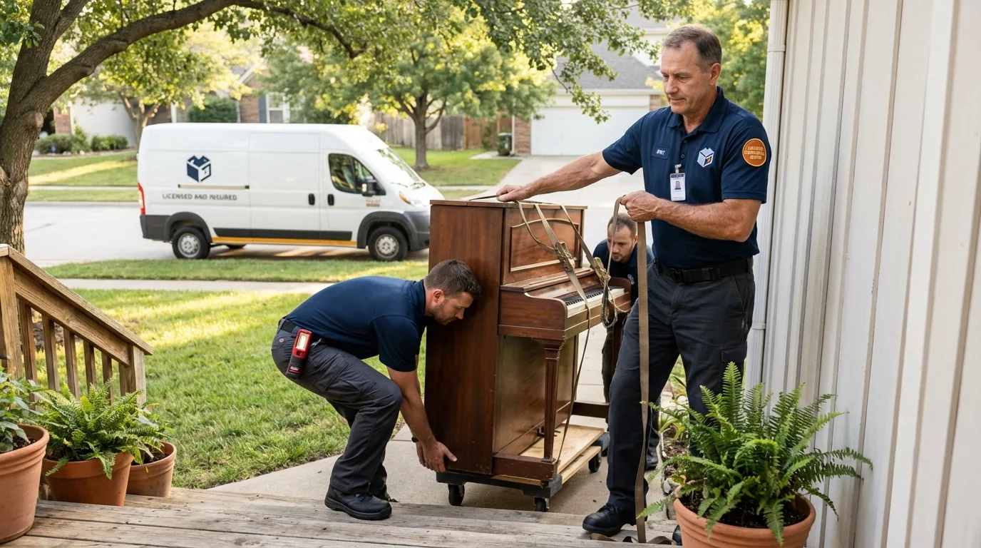 Licensed piano movers securing grand piano in Lancaster, WI