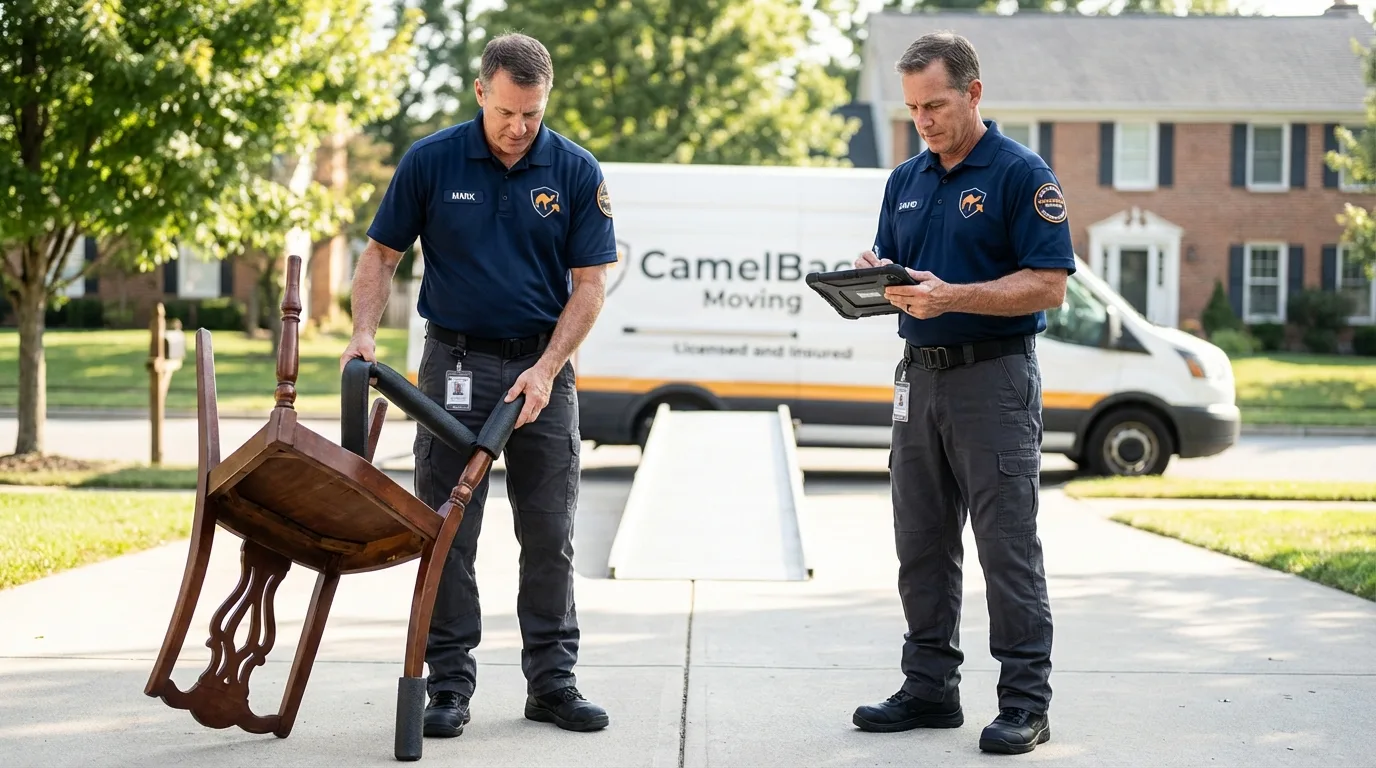 Movers inspecting furniture for damage prevention before loading in Lancaster, WI