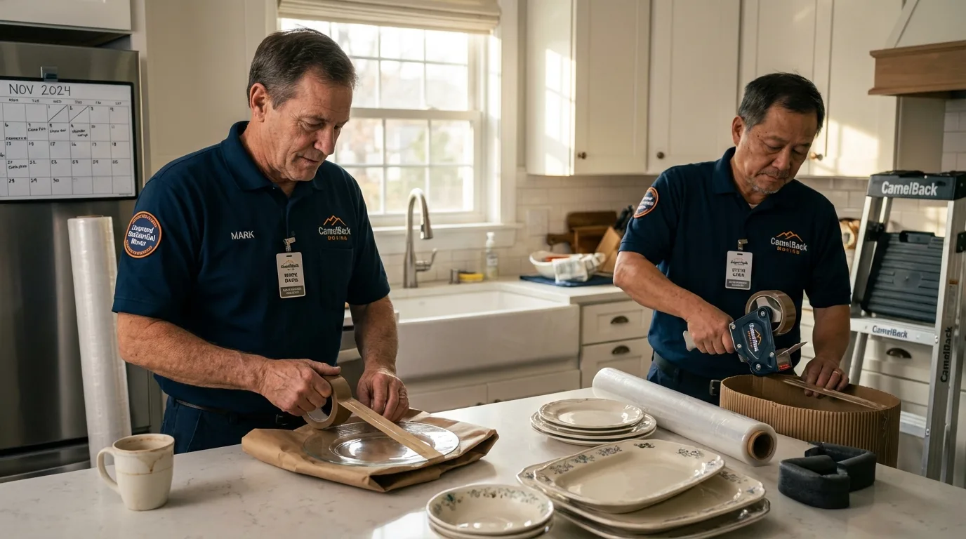 Professional crew packing kitchen dishware in Lancaster, WI